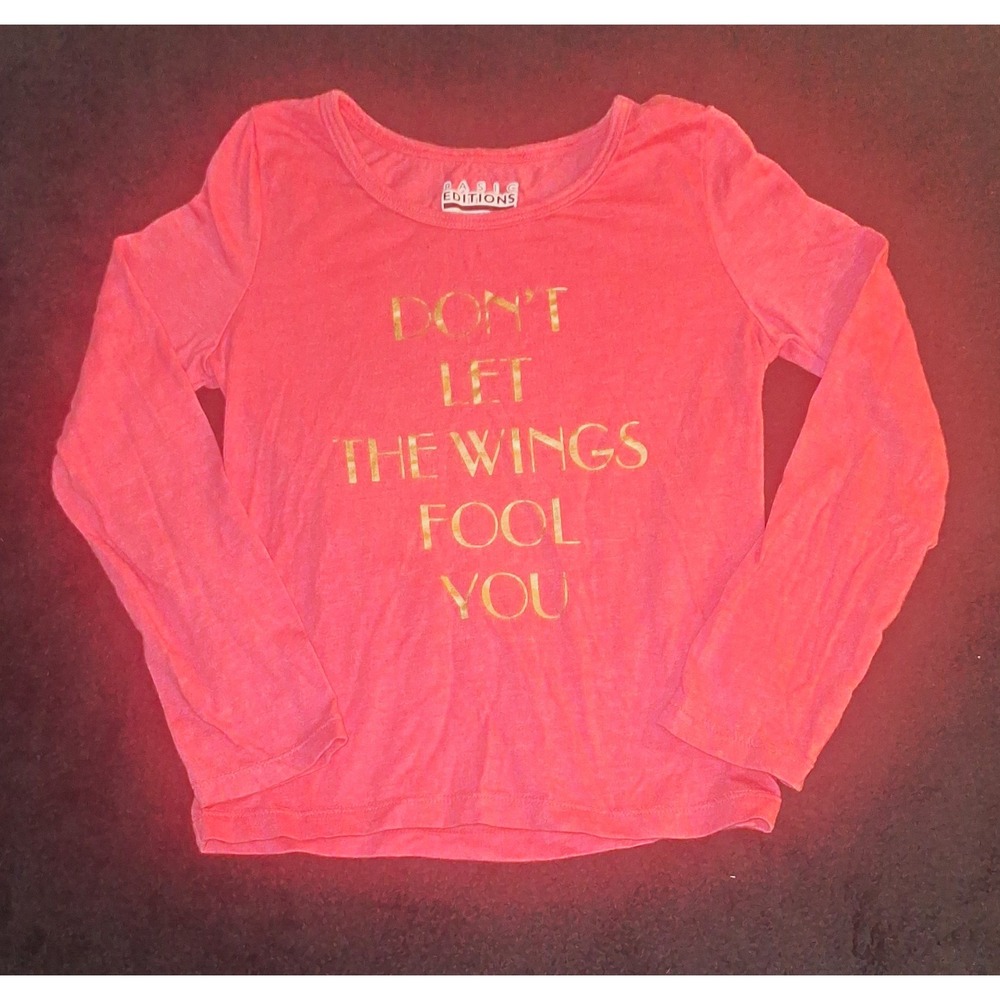Basic Editions Girls Pink Long Sleeve Sequin Wings Graphic Tee Size 4